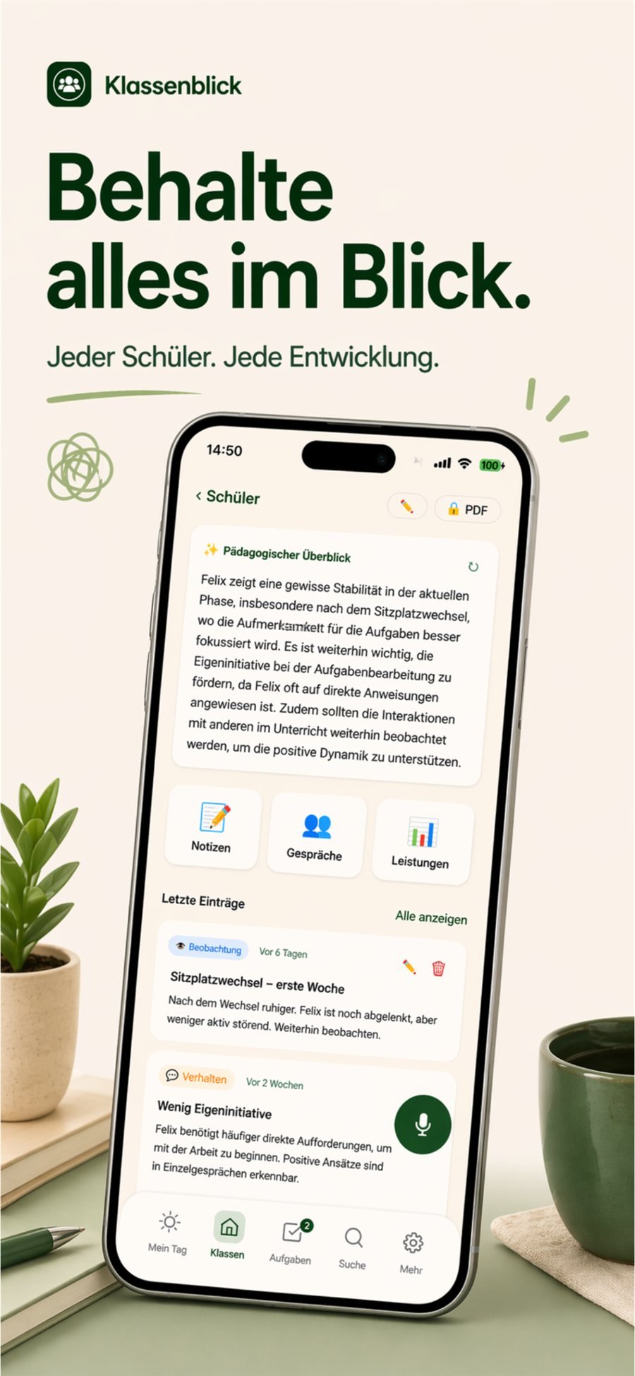 Klassenblick Voice-Assistent — sprich und die App ordnet automatisch zu