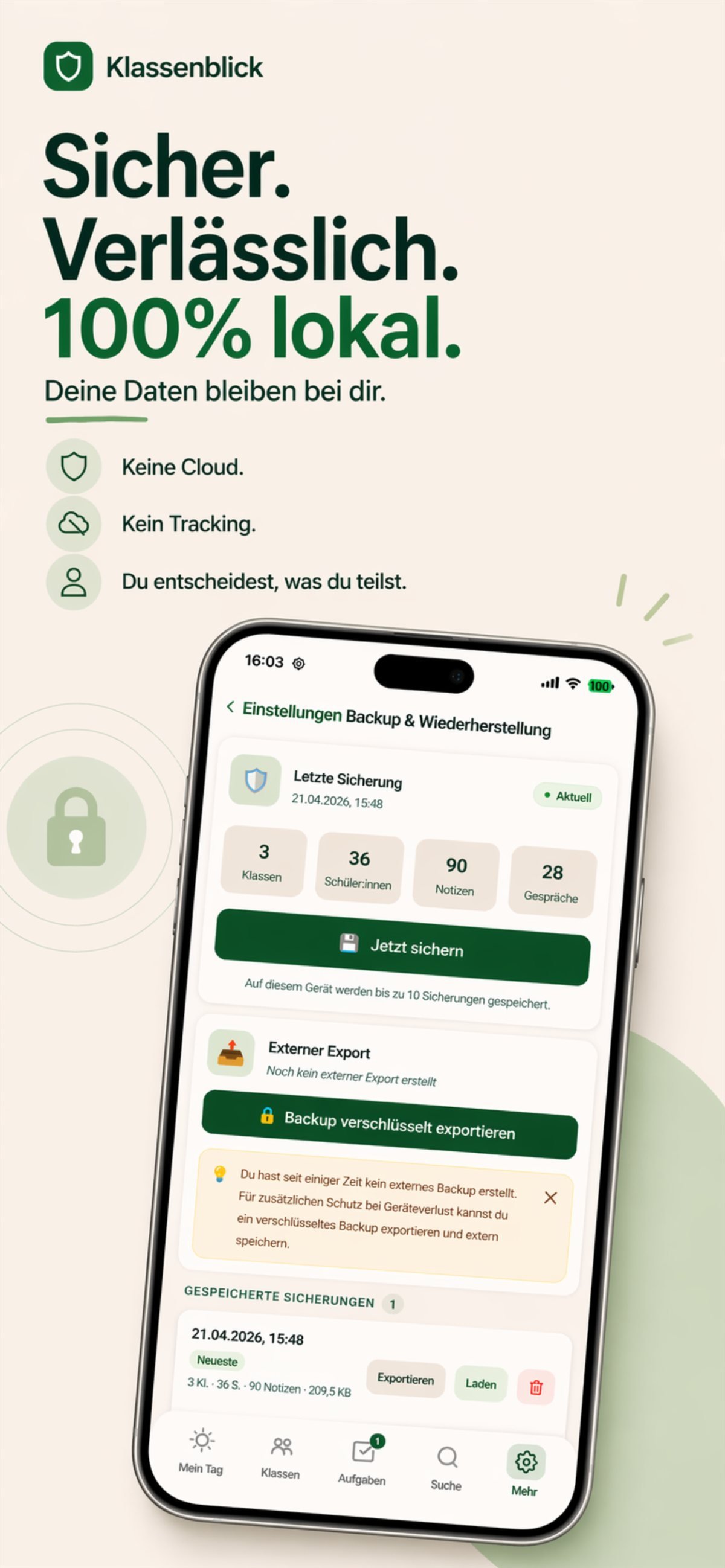 Klassenblick — keine Cloud, alle Daten lokal auf deinem Gerät